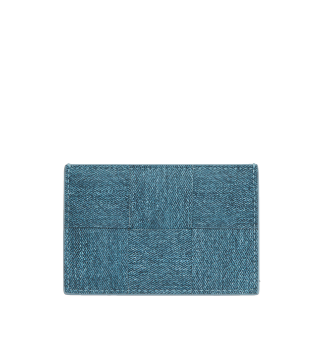 Image 1 of 3 - BLUE - BOTTEGA VENETA Intrecciato-woven denim-print leather credit card case featuring interwoven texture, six card slots, one central pocket. 100% Leather.  Height 3.1" x width 4.1". Made in Italy. 