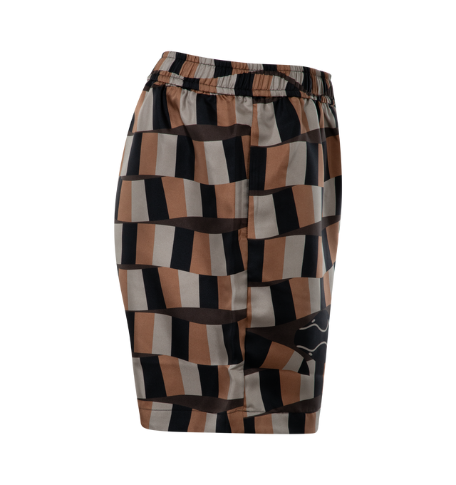 Image 3 of 3 - BROWN - AMIRI Checker Snake Silk Short featuring banded snake, abstracted checker print, side seam pockets and elastic waist with drawstring. 100% silk.  