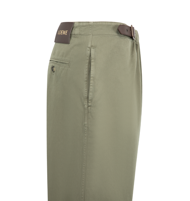 Image 3 of 4 - GREEN - Loewe Men's Trousers in medium-weight garment-dyed cotton satin featuring a gathered front with a decorative contrast belt. Regular fit, regular length featuring mid waist, straight leg, side zip fastening, seam pockets, buttoned rear jet pocket, pressed creases at the front and LOEWE embossed leather patch placed at the back. Cotton. Made in Italy.