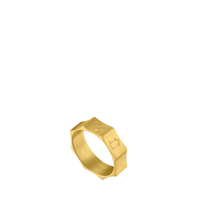 Image 2 of 2 - GOLD - Prounis 420 Ode Ring is handcrafted from 22K yellow gold and features elongated side facets with hand-engraved "420" lettering. Designed with a smooth interior suitable for a personalized inscription. Band Width: 6.5 mm. Handmade in New York. For personal consultation and detailed information about jewelry, please contact our dedicated stylist team at personalshopping@hirshleifers.com.This item may be restricted for online purchase to international clients. For assistance purchasing