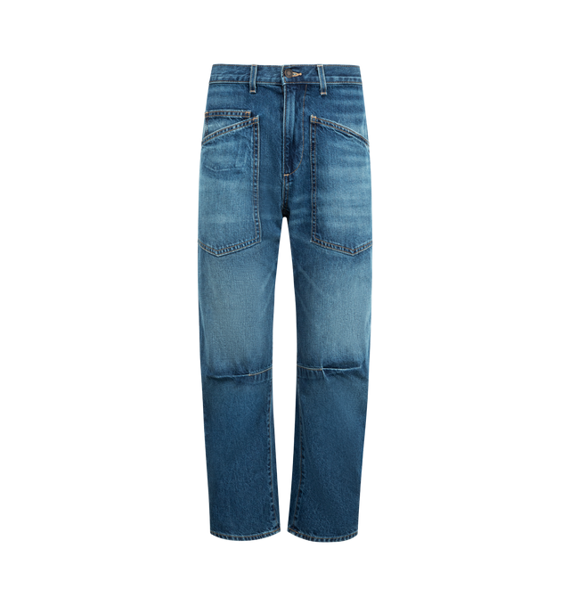 Image 1 of 3 - BLUE - NILI LOTAN Shon Jean featuring featuring mid-rise, relaxed fit barrel leg jean in Japanese stretch denim, uniquely curved silhouette, seam detail at knees, gusset at inseam, zip fly, shank closure, top-stitched front and back patch pockets and belt loops. 98% cotton, 2% polyurethane. Made in USA.