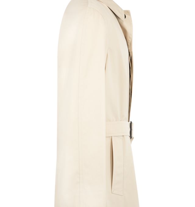 Image 3 of 3 - NEUTRAL - Tom Ford Men's Cotton and Silk Gabardine Trench Coat is crafted from a cotton and silk-blend gabardine and features a classic belted silhouette, black leather-trimmed throat latch, leather-covered belt buckle, and refined tailoring. This designer trench coat combines timeless outerwear styling with luxurious materials for elevated everyday and transitional wear. Main Material: Cotton and Silk-Blend Gabardine; Trim: Leather. Made in Italy.