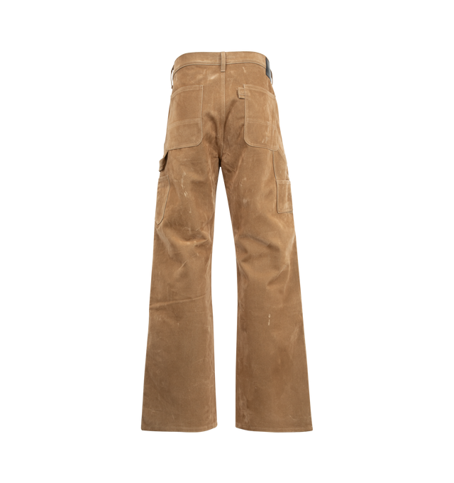 Image 2 of 3 - BROWN - COUT DE LA LIBERTE Marshall Suede Denim Carpenter Pant featuring wide legs, button zip front closure, carpenter pockets, belt loops and reinforced knees. Made In USA.