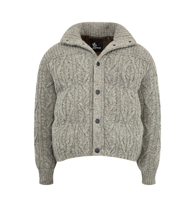 Image 1 of 3 - GREY - MONCLER GRENOBLE Ellesmere Wool Tweed Short Down Jacket featuring merino wool tweed, rainwear lining, down-filled and padded, argyle and cable knit, gauge 1.5, snap button closure and side pockets. 100% virgin wool. Lining: 100% polyamide/nylon. Padding: 90% down, 10% feather. Made in Romania.