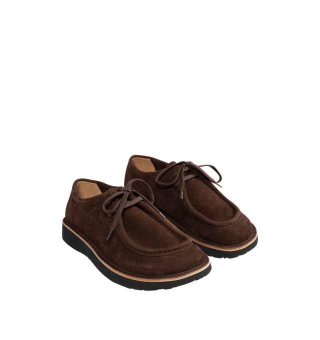 Image 2 of 5 - BROWN - LOEWE Faro lace-up in suede calfskin featuring a moc-toe construction and a bulky toe shape outlined by suede piping, flat cotton laces and a lightweight rubber sole. Calf suede. Made in Italy.