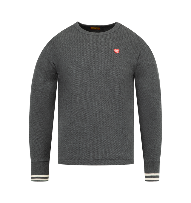 Image 1 of 2 - GREY - HUMAN MADE Thermal T-Shirt featuring crewneck, ribbed trims, printed branding and stripe cuffs.