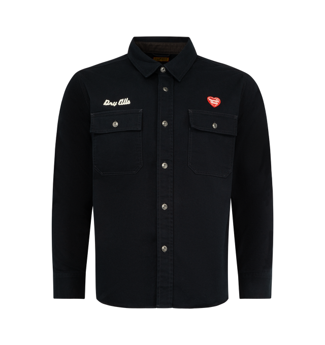 Image 1 of 3 - NAVY - HUMAN MADE Work Shirt featuring a regular fit, thick, double-sided brushed cotton twill, buckle with a duck graphic, two flap pockets on the front, Heart logo patch above the left chest pocket, chain-stitched brand logo above the right chest pocket, metal buttons provide a design accent and single-color elbow patches. 100% cotton.