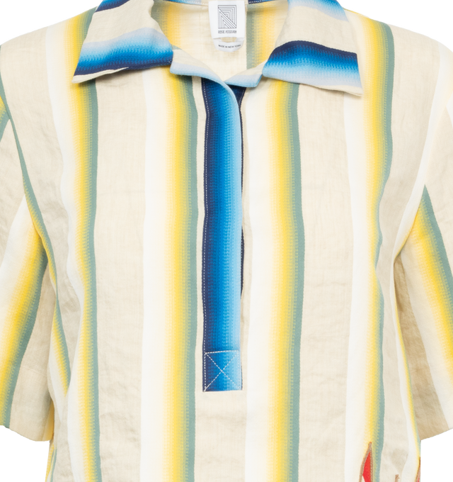 Image 3 of 3 - MULTI - ROSIE ASSOULIN Here Comes The Sun Shirt featuring striped print, sunburst patch at front, collared neck and short sleeves and partial snap button placket, 73% linen, 27% cotton. 