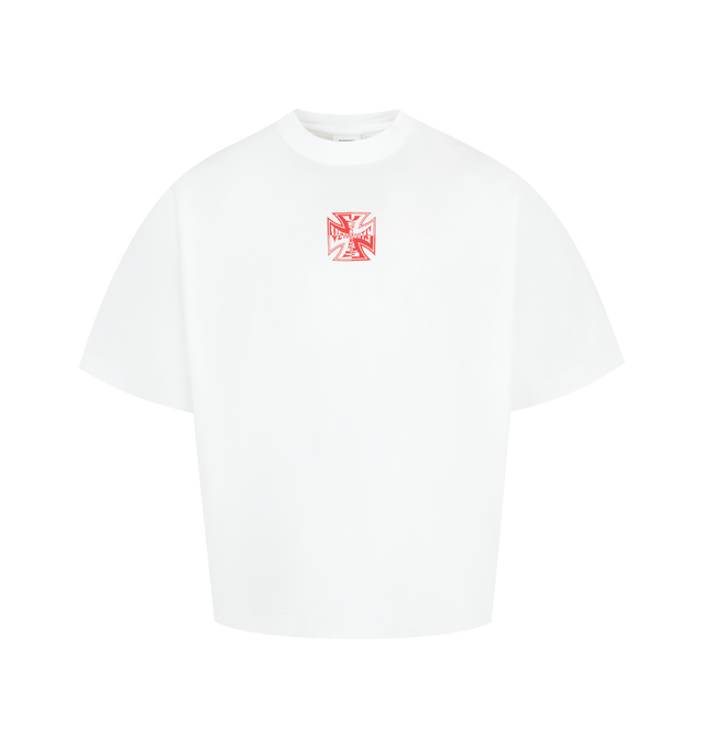 Image 1 of 2 - WHITE - VETEMENTS Double Biker Cross Logo T-shirt featuring rib-knit crewneck, logo at front and back, dropped shoulders and short sleeves. 100% cotton.