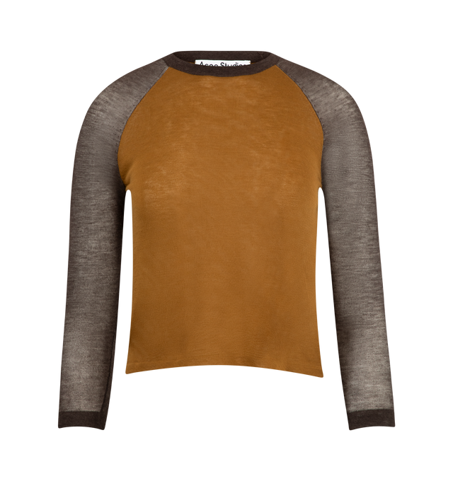 Image 1 of 2 - BROWN - ACNE STUDIOS Knit Sweater featuring crew neck, long sleeves, logo on back and contrasting sleeves.