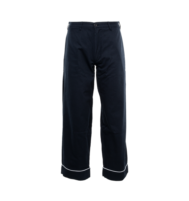 Image 1 of 5 - NAVY - NOAH Pajama Chino featuring flat front with zip-fly and button-closure, watch pocket at waist, side seam front pockets and besom back pockets with button-closure and contrast piping at hem and back pockets. 100% cotton twill. Made in Portugal.  