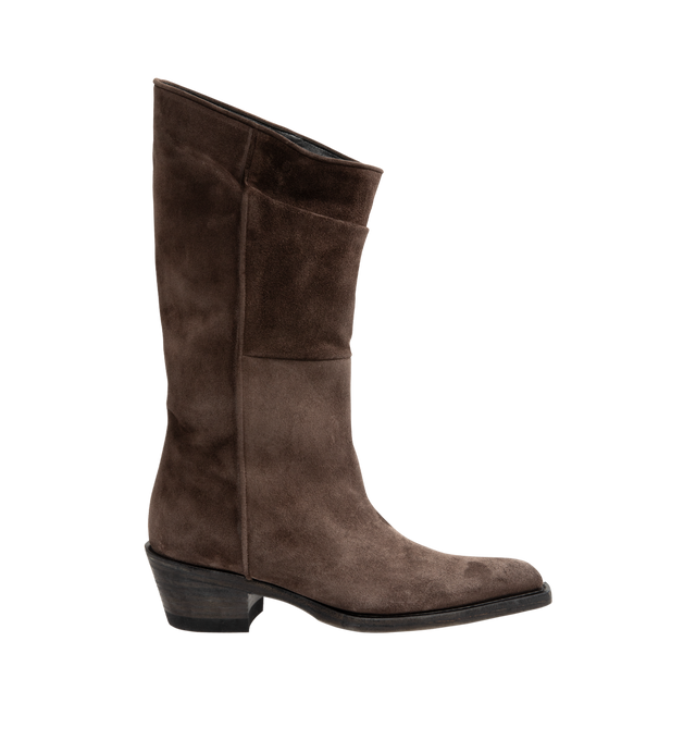 Image 1 of 4 - BROWN - Khaite Clive boot inspired by well-worn Western classics. Featuring stitched welt, 1" stacked leather heel, snip-toe silhouette with deliberately tilted shaft in hand-worked, vegetable-tanned calfskin brushed to a rich patina. Vintage vacchetta (100% calf leather). Made in Italy.
