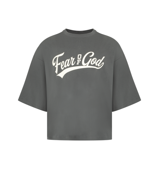 Image 1 of 2 - GREY - The Fear Of God Men's Merch Tee is crafted from a lightweight jersey and designed in a relaxed fit with dropped shoulders and 3/4-length sleeves. Details include a rib-knit collar and graphic logo at the center front.