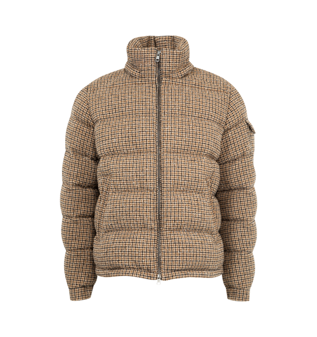 Image 2 of 4 - BROWN - MONCLER Montgenevre Wool Blend Boucl Hooded Short Down Jacket featuring wool blend boucl, Airsoft lining, down-filled, detachable and adjustable hood, zipper and snap button closure, zipped pockets, adjustable cuffs and hem with drawstring fastening. 58% wool, 24% polyamide/nylon, 18% lyocell. Lining: 100% polyester. Padding: 90% down, 10% feather. Made in Romania.