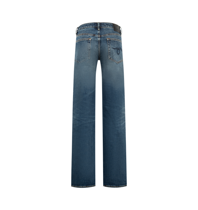 Image 2 of 3 - BLUE - R13 Womens Effie Jeans are crafted from 13 oz. rigid denim and feature a low-rise, relaxed straight-leg silhouette. Finished with a medium Sanford Blue wash and a moderate vintage wear pattern. Main Material: 100% Cotton. Made in the USA.