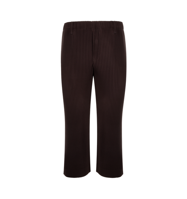 Image 1 of 3 - BROWN - ISSEY MIYAKE Pant featuring portability and lightweight comfort, quick-drying properties, shorter length, pockets on both sides, a drawstring waist and pleated thoughout. 100% polyester. Made in Japan.