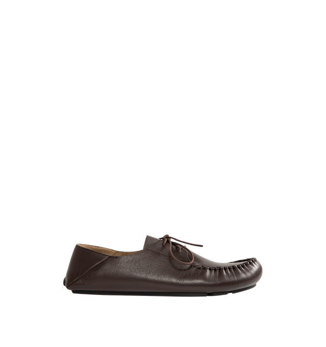 Image 1 of 4 - BROWN - Loewe Boat shoe in soft calfskin made in a classic moccasin construction, featuring a round toe shape, waxed laces and hand-stitched details around the upper. Square lace closure, embossed Anagram on the upper, padded leather insole, suede lining, injected rubber outsole with Anagram cut-out detail. Made in Italy.