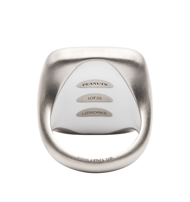 Image 4 of 4 - SILVER - LIZWORKS X PEANUTS Jazz Snoopy White Gold Square Face Ring featuring 18k white gold ring with 3 white diamonds, 2 rubies and white enamel. 22 mm x 23 mm. Hirshleifers offers a range of initial pieces from this collection in-store. For personal consultation and detailed information about jewelry, please contact our dedicated stylist team at personalshopping@hirshleifers.com. This item may be restricted for online purchase to international clients. For assistance purchasing this item p