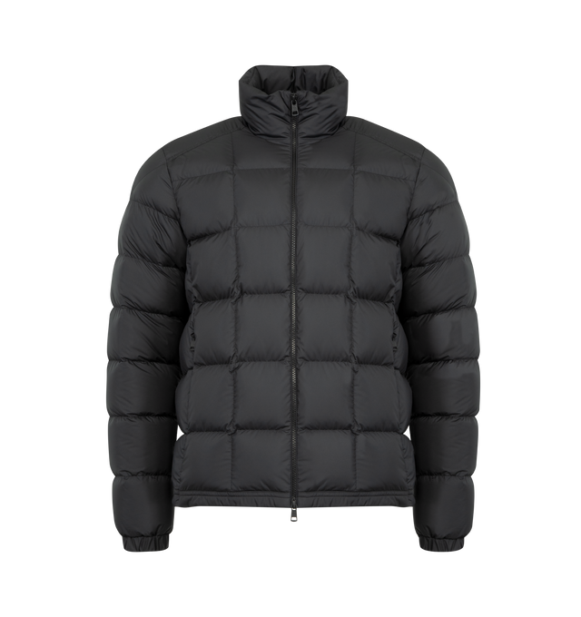 Image 1 of 3 - BLACK - MONCLER Eglise Square-Quilted Hooded Short Down Jacket featuring Airsoft lining, down-filled, zipper closure, zipped pockets, hem with drawstring fastening and leather logo patch. 100% polyester. Padding: 90% down, 10% feather. Made in Romania.