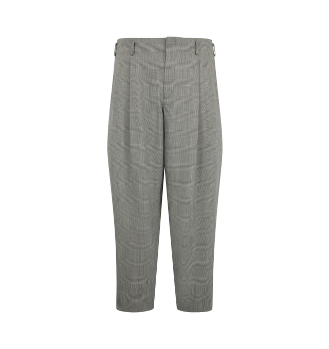 Image 1 of 3 - GREY - Comme des Garons Homme Plus Men's Plaid Double-Pleated Trousers are tailored in a classic Glen/Prince of Wales check pattern and silhouette. Designed with a regular-rise waist, these relaxed-fit trousers are defined by deep double pleats, a slightly cropped length, and adjustable metal buckles at the waistband for a customizable fit. Main Material: Wool.