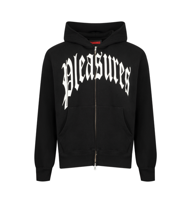 Image 1 of 2 - BLACK - PLEASURES Twitch Zip Hoodie featuring poncho hoodie, embroidered logos on front and back, zip closure, front pockets and ribbed cuffs and hem. 100% wool flannel.