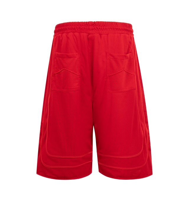 Image 2 of 3 - RED - RHUDE Baggy Collegiate Logo Short featuring poly mesh, logo running across the front legs, side slit pockets, patch pockets on the back, extended drawstrings and tonal piping detail. 100% polyester.100% POLY