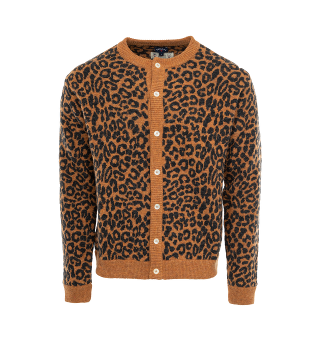 Image 1 of 4 - BROWN - NOAH Leopard Cardigan Sweater featuring intarsia design, full-button closure and ribbed hem and cuffs. 100% authentic Shetland wool. Made in Portugal.  