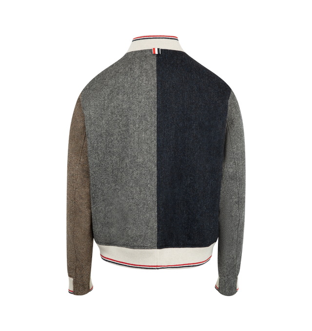 Image 2 of 3 - MULTI - THOM BROWNE Funmix Solid Donegal Tweed Jacket featuring front press-stud fastening, two side welt pockets, stand collar and signature grosgrain loop tab.