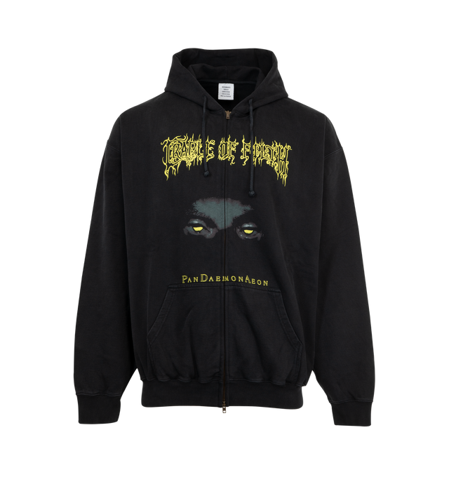 Image 1 of 2 - BLACK - VETEMENTS COF Pandaemonaeon Oversized Zip-Up Hoodie featuring oversized fit, french terry, drawstring at hood, graphic at front, two-way zip closure, patch pockets and rib-knit hem and cuffs. 80% cotton, 20% polyester. Made in Portugal.