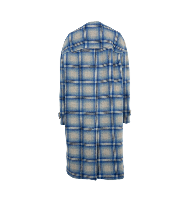 Image 2 of 3 - BLUE - ISABEL MARANT Emeline Coat featuring plaid print throughout, long sleeves, below knee length, hidden zipper front closure and flap patch pockets. 75% wool, 25% polyamide. 100% cotton.  