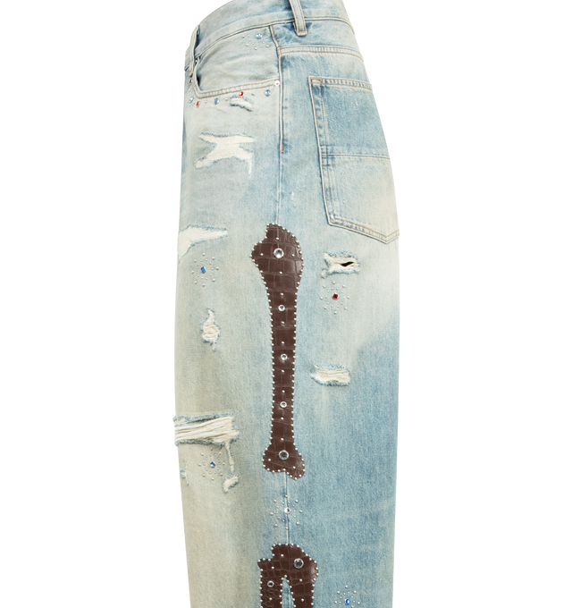 Image 3 of 4 - BLUE - AMIRI Bones Studded Baggy Jean featuring croc embossed leather bone appliques and stud detailing, distressed throughout, stud embellishments, rhinestone rivets and baggy fit. 100% cotton. Made in Italy.