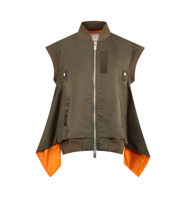 Image 1 of 2 - GREEN - SACAI Nylon Twill Gilet featuring a double-slider front zipper closure, side pockets with snap button, ribbed cotton trim and fully lined.