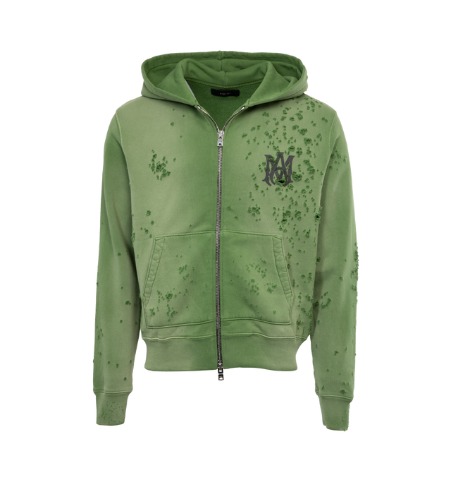 Image 1 of 4 - GREEN - AMIRI MA Logo Shotgun Zip Hoodie featuring double zip front closure, ribbed hem and cuff, distressing throughout and logo on front and back. 100% cotton. 