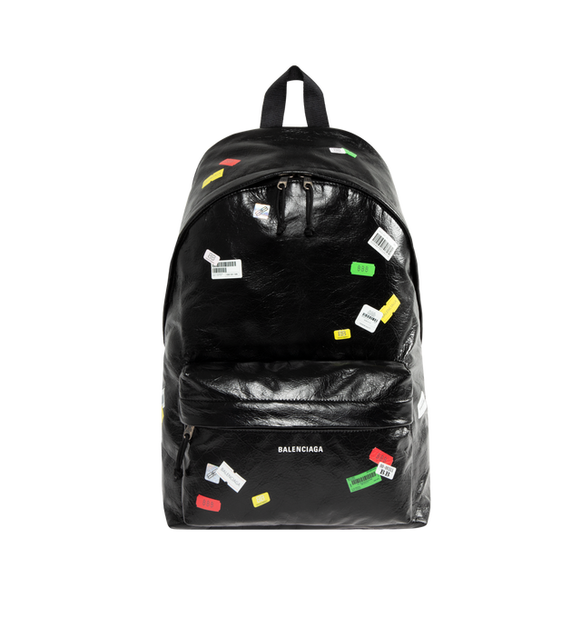 Image 1 of 3 - BLACK - BALENCIAGA Explorer Backpack featuring arena lambskin with printed stickers, one top handle, adjustable shoulder straps, Balenciaga logo debossed and printed at front, matte black hardware, top double-ended zip-fastening closure, front zipped pocket, 1 inner zipped pocket, 1 inner patch pocket, BB logo engraved zipper puller with cotton string and cotton canvas lining. L13.7 x H18.5 x W7.8 inch. Lambskin, calfskin, polyester, polyamide. Made in Italy.