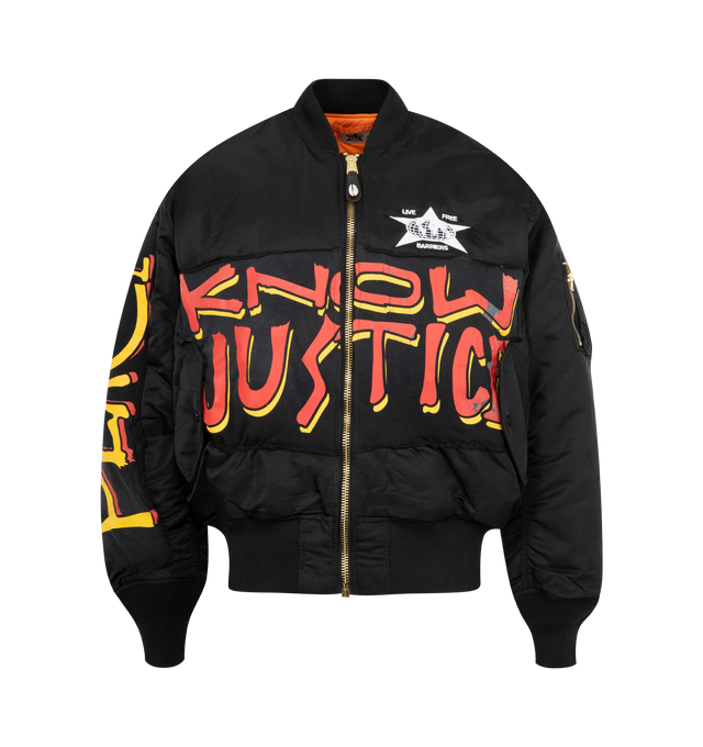 Image 1 of 3 - BLACK - BARRIERS Repurposed MA-65 Bomber featuring zip front closure, ribbed collar, hem and cuffs and graphics throughout.