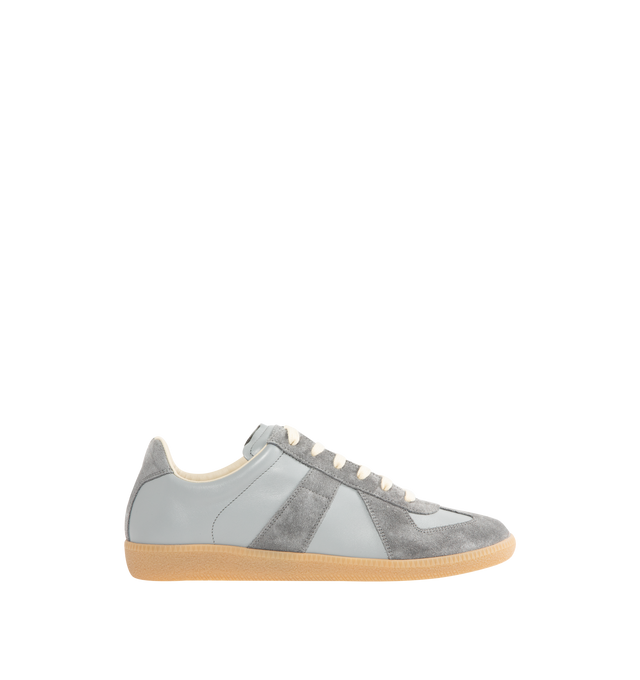 Image 1 of 5 - GREY - MAISON MARGIELA Replica Sneakers featuring lace-up sneakers in buffed nappa calfskin and calfskin suede, contrasting sole, Maison Margiela logo label on the tab, internal Replica label, internal elastic and all-over Maison Margiela logo insole. 100% calf leather. Sole: 100% rubber. Made in Italy.