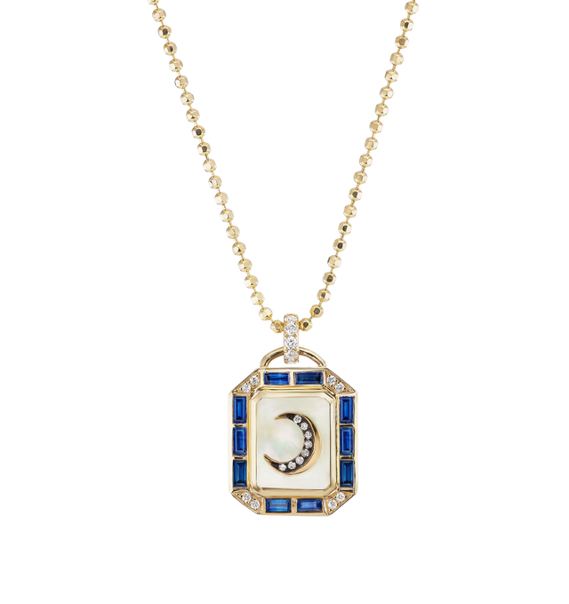 Image 1 of 1 - GOLD - SORELLINA La Luna Mini Tarot Necklace featuring 18k yellow gold necklace featuring a moon on a 3.48 ctw mother of pearl background with 0.74 cttw sapphire and 0.06 cttw G-H/SI diamonds on a 18 inch chain. 14 mm x 16 mm.