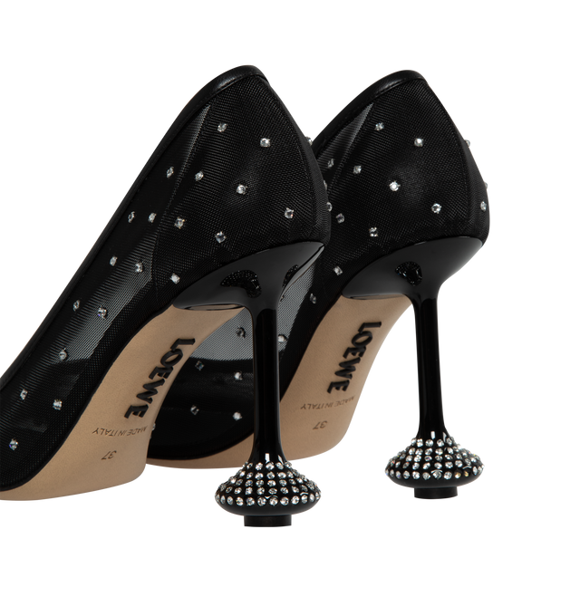 Image 3 of 4 - BLACK - LOEWE LOEWE TOY PUMP 90 has an unlined mesh, leather lining and outolse and is embellished with rhinestones. This pump features the signature petal toe shape and lacquered Toy heel. 
