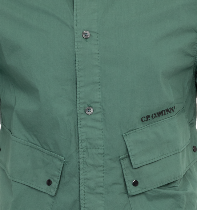 Image 3 of 3 - GREEN - C.P. COMPANY Popeline Pocket Shirt featuring classic collar, front button fastening, short sleeves, front flap pockets, military-inspired design and regular fit. 100% cotton. 