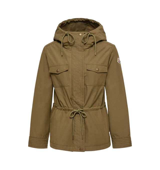 Image 1 of 1 - GREEN - MONCLER Serin Hooded Cotton Blend Parka featuring a cotton blend, adjustable hood, zipper and snap button closure, chest pockets with snap button closure, adjustable waist with drawstring fastening and logo patch. 51% polyester, 49% cotton.