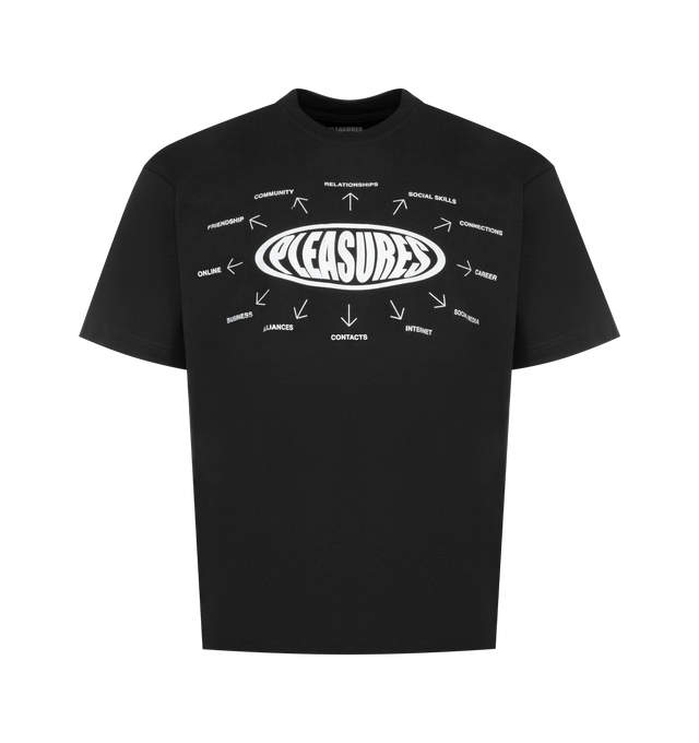 Image 1 of 2 - BLACK - PLEASURES Overview Logo T-Shirt featuring crew neck, short sleeves, dropped shoulders and graphic print on front. 100% cotton.