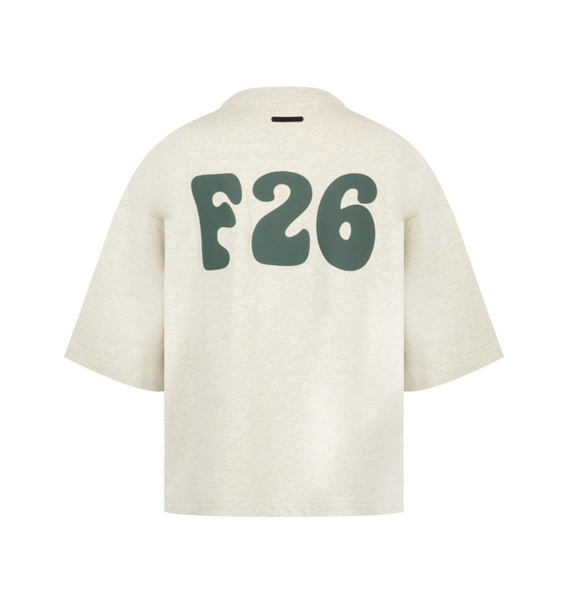 Image 2 of 2 - NEUTRAL - Fear of God Mens Merch T-Shirt is crafted from heavyweight 300 GSM cotton jersey. Features a boxy relaxed fit, dropped shoulders, 3/4-length sleeves, ribbed crew neckline, puff-printed All Valley Essentials graphic at the front, puff-printed F26 graphic at the back, and an Essentials signature label at the back collar. Main Material: 100% Cotton.