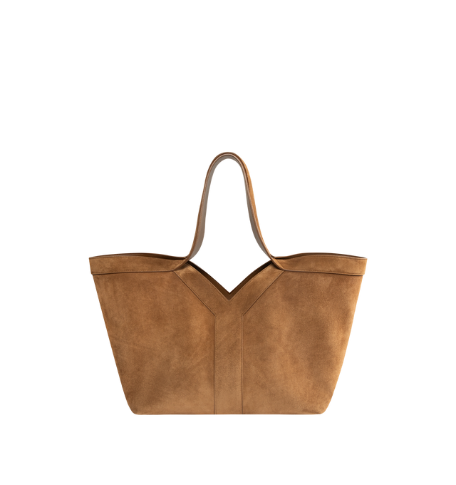 Image 1 of 4 - BROWN - SAINT LAURENT Y Small Tote in suede featuring small version of the Y tote in finely grained leather, ultra-lightweight bag, subtle Y signature stitching, lined in tonal leather, zip pocket, hook closure, one zip pocket and one keyring carabiner tab. 11.4" x 9.4" x 6.5". Calfskin. Made in Italy.