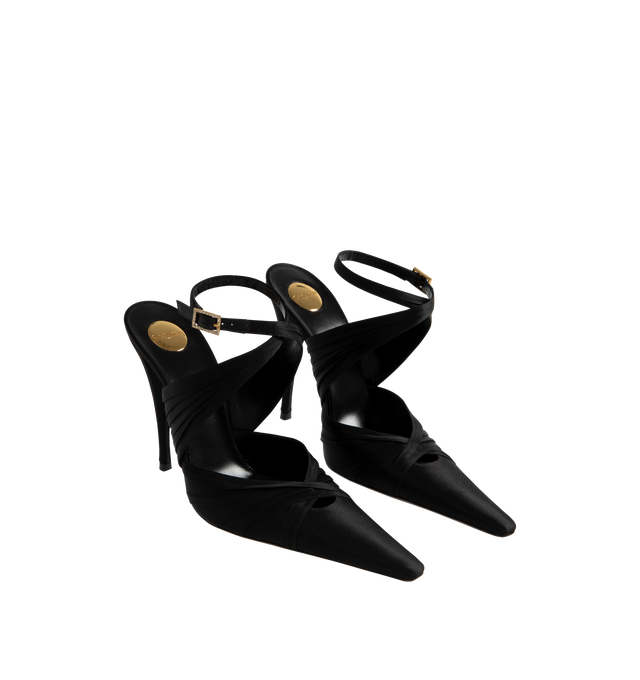 Image 2 of 4 - BLACK - SAINT LAURENT Doville Calypso Pump featuring an exaggerated pointed toe, covered stiletto heel and crisscrossed ankle strap with gold buckle. Leather sole. 110MM heel. Made in Italy.