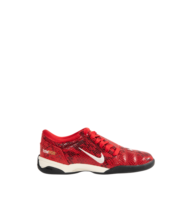 Image 1 of 5 - RED - NIKE T90 SE Sneaker featuring authentic football style, original quilted upper and asymmetrical lacing, flat rubber sole, leather upper, rubber outsole, glossy finishes and padded collar.