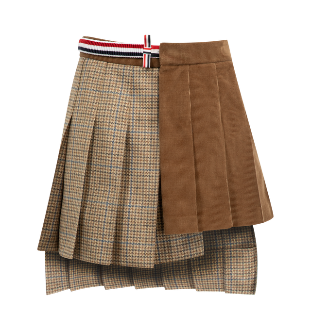 Image 1 of 2 - BROWN - THOM BROWNE Gunclub Check Cheviot Tweed Pleated Mini Skirt featuring three distinct hem lengths, a mix of Cheviot tweed and corduroy, tab front closure with striped grosgrain bow, dropped back hem with signature striped grosgrain trim and signature striped grosgrain loop tab. 100% wool. 100% cotton. Lining: 100% cupro. Made in Italy.