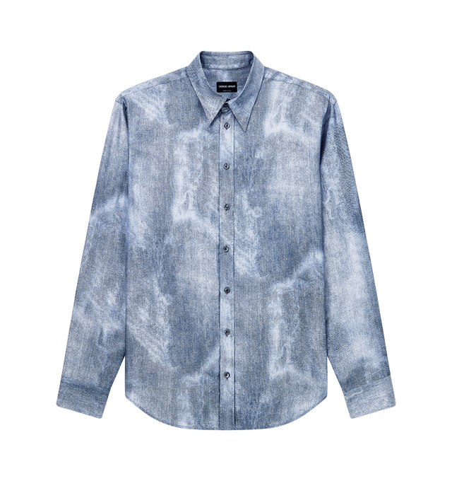 Image 1 of 1 - BLUE - Giorgio Armani Men's Printed Silk Button Down Shirt is a structured silhouette with a point collar, button barrel cuffs, and a shirttail hem. Material: 100% Silk.