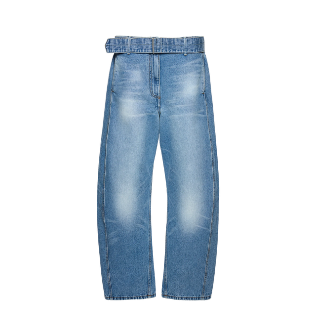Image 1 of 2 - BLUE - MAGDA BUTRYM Belted Wide-Leg Denim Trousers featuring relaxed wide-leg trousers, a dropped waist, coordinating belt that cinches the silhouette, front seams and patch pockets at the back. 100% cotton.