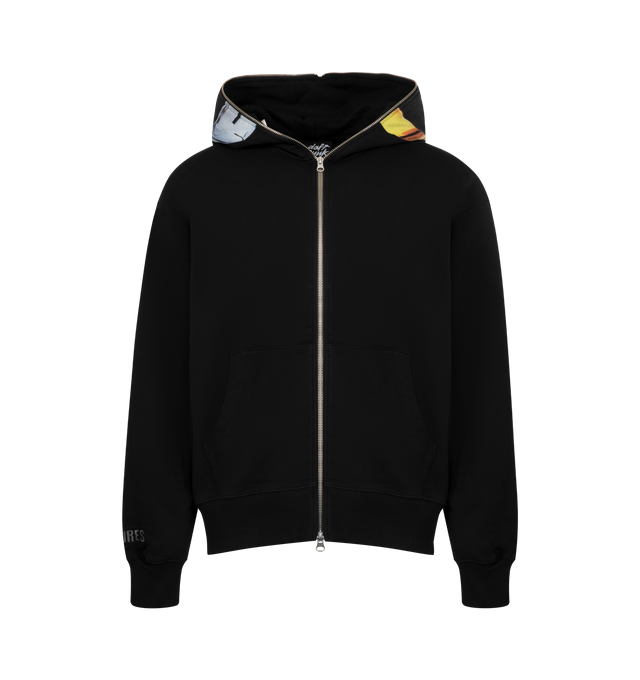 Image 1 of 3 - BLACK - PLEASURES X DAFT PUNK Ram Zip Hoodie featuring front dual zip closure, attached hood with printed design, front slip pockets, back embroidered slogan, embroidered logo at cuff and heavyweight knit fleece fabric. 100% cotton.