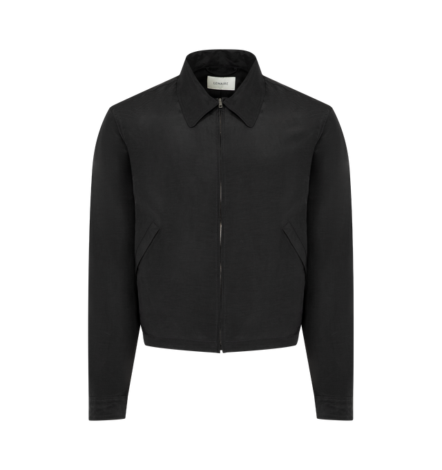 Image 1 of 3 - BLACK - LEMAIRE Short Jacket in linen blend featuring straight fit, lightweight lined short model, turn-down collar, long sleeves with adjustable buttoned cuffs, zipped closure, side welt pockets and elasticated back hem. 53% linen, 47% viscose. Made in Bulgaria.